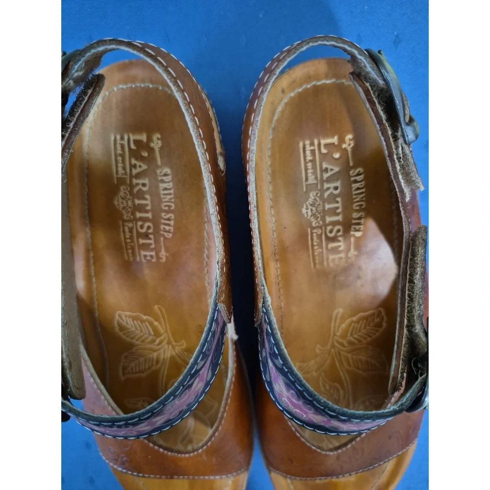 L'artiste Spring Step Teddy Sandals Women's 37 Brown Tooled Leather Cork Wedge